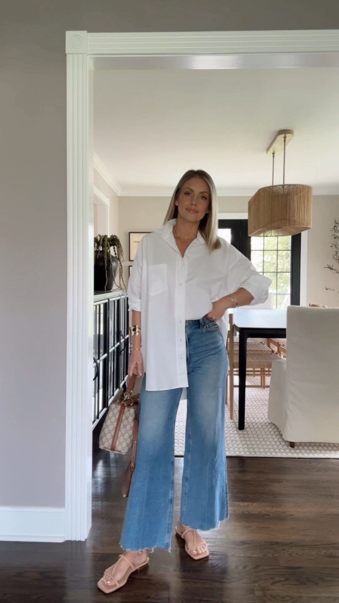 Coffee run outfit 🤍 
XS button down (linked a similar one I love too!) / 24 jeans / sandals run true to size and so cute and comfy 

White button down, jeans, Evereve, sandals, spring outfit, chunky jewelry, perfume, Guccis bag, trending 

#LTKOver40 #LTKFindsUnder100 #LTKStyleTip