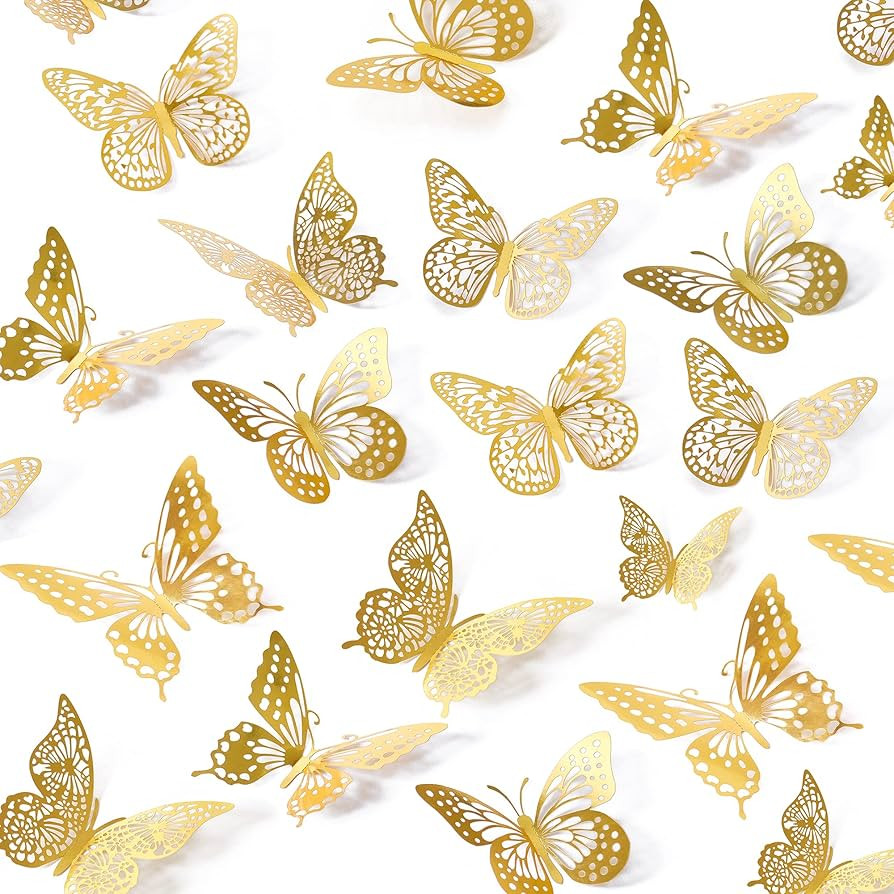 SAOROPEB 3D Butterfly Wall Decor - 48 Pcs, 4 Styles, 3 Sizes, Gold Butterfly Decorations for Birt... | Amazon (US)