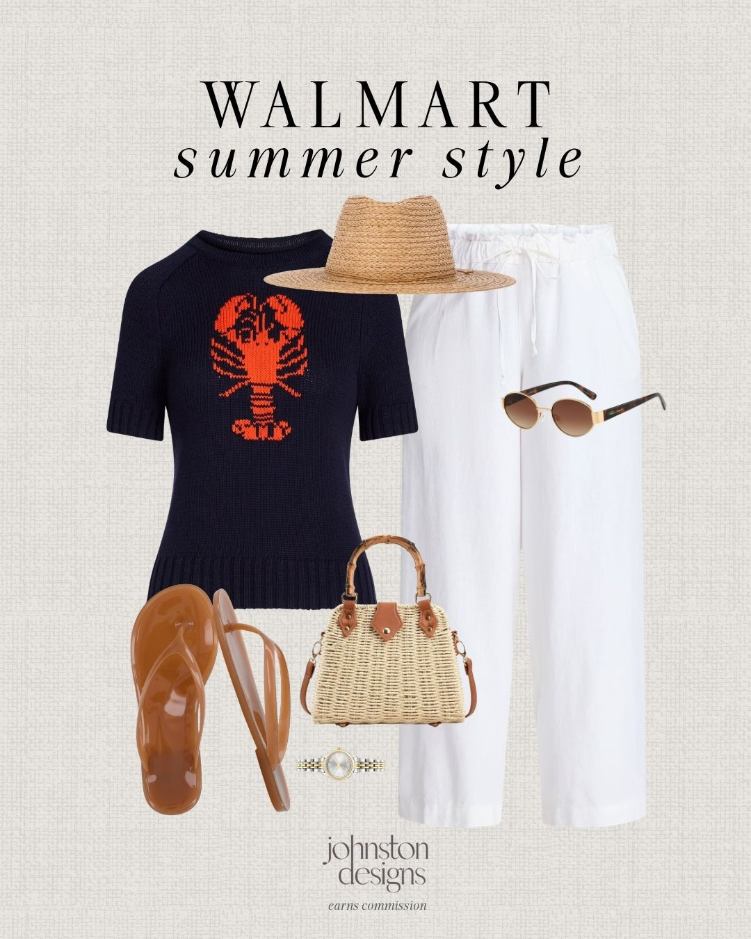Walmart summer style with a lobster sweater, white linen pants and coastal accessories. 🦞

Coastal summer outfit, Walmart style, outfit inspo, lobster sweater, white pants, straw hat, woven bag, flip flops, sunglasses, coastal look, vacation finds, affordable fashion, look for less, J.Crew look, affordable finds 

 #LTKootd #LTKSeasonal