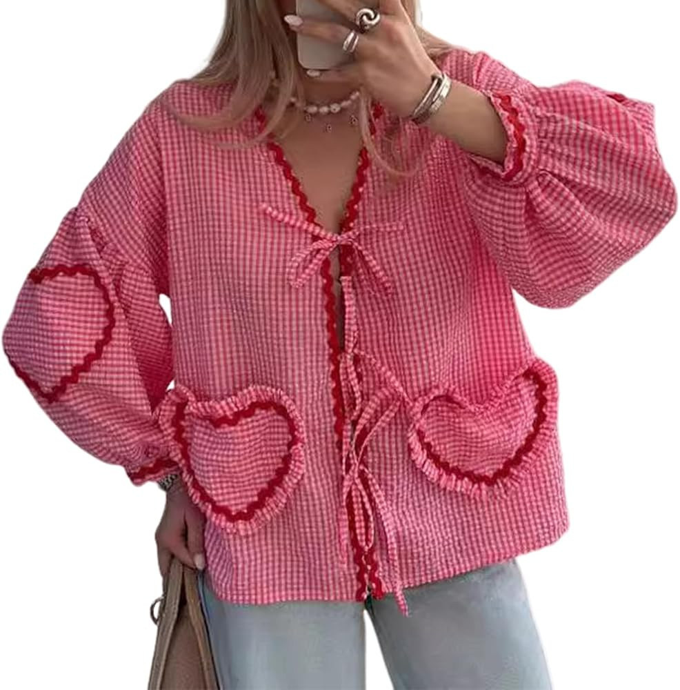 Yimoon Women Y2K 3/4 Puff Sleeve Peplum Plaid Gingham Lace Up Blouses Tie Front Tops Going Out Ru... | Amazon (US)