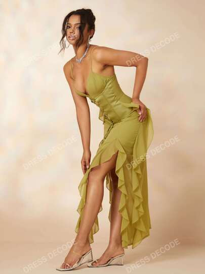 Lace Up Front Ruffle Trim Cami Dress | SHEIN