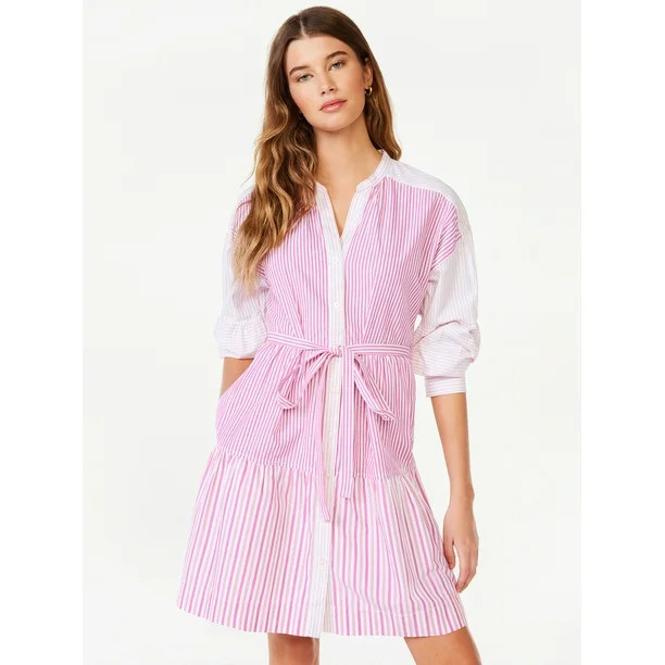 Free Assembly Women's Tiered Mini Shirt Dress with Long Sleeves, Sizes XS-XXL | Walmart (US)