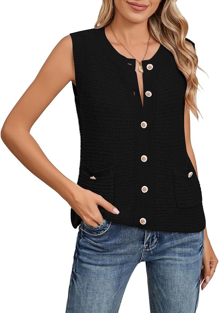 Pink Queen Women's Sweater Vest 2024 Sleeveless Knit Crewneck Button Down Tank Tops Fashion Casual Loose Summer Cardigans | Amazon (US)