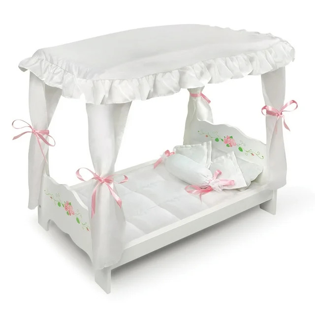 Badger Basket Doll Bed with Canopy and Bedding for Dolls up to 20 inches - White Rose | Walmart (US)
