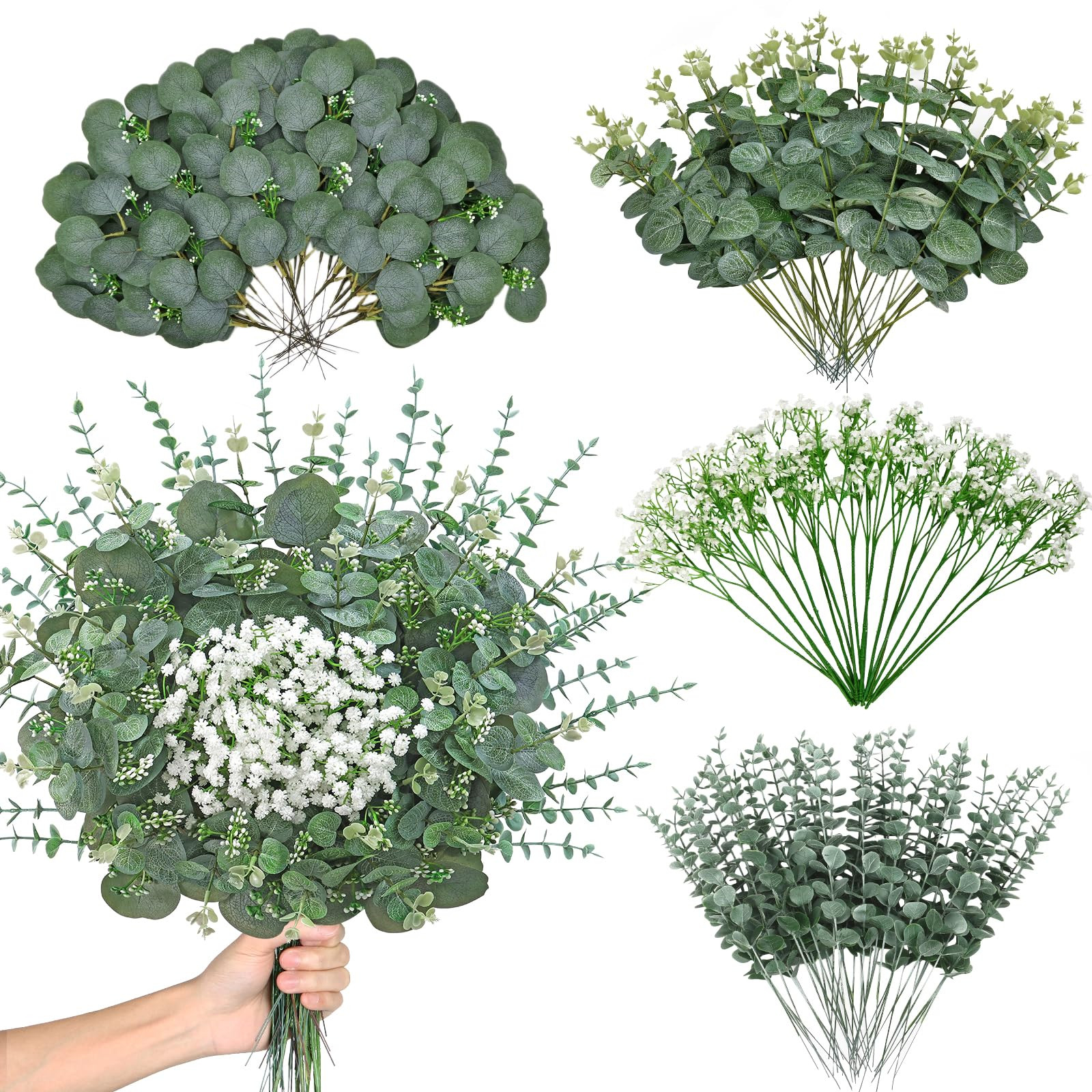 KHOYIME Artificial Eucalyptus Greenery Stems 120PCS with 4 Kinds of Mixed Faux Babys Breath Flowe... | Amazon (US)