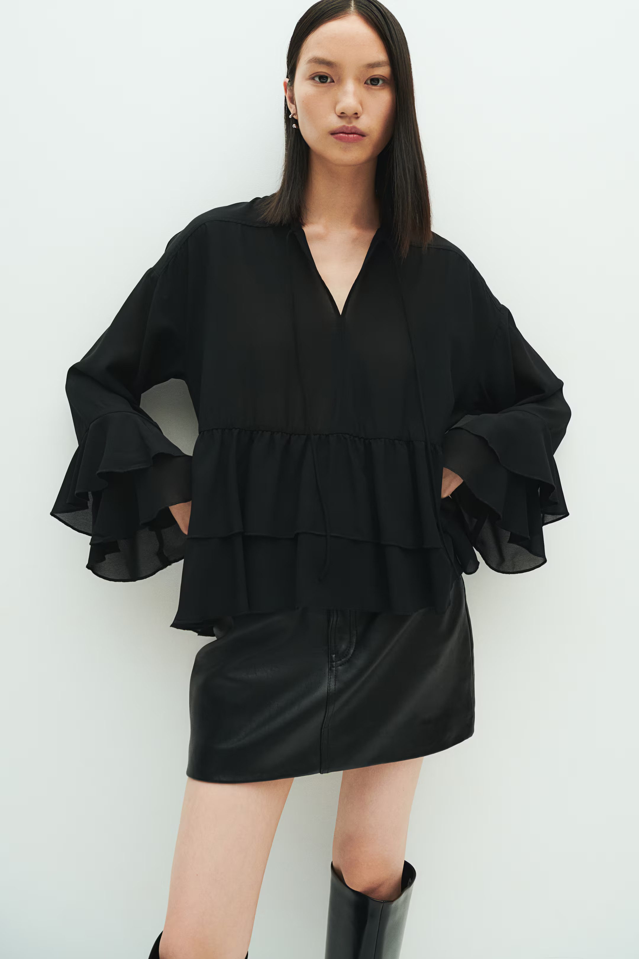 Flounced Chiffon Blouse - Black - Ladies | H&M US | H&M (US + CA)