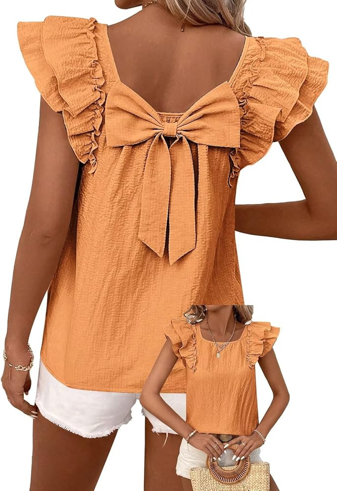 Womens Bow Tie Back Tops Round Neck Ruffle Short Sleeve Shirts Cute Babydoll Chiffon Tee Women Su... | Amazon (US)