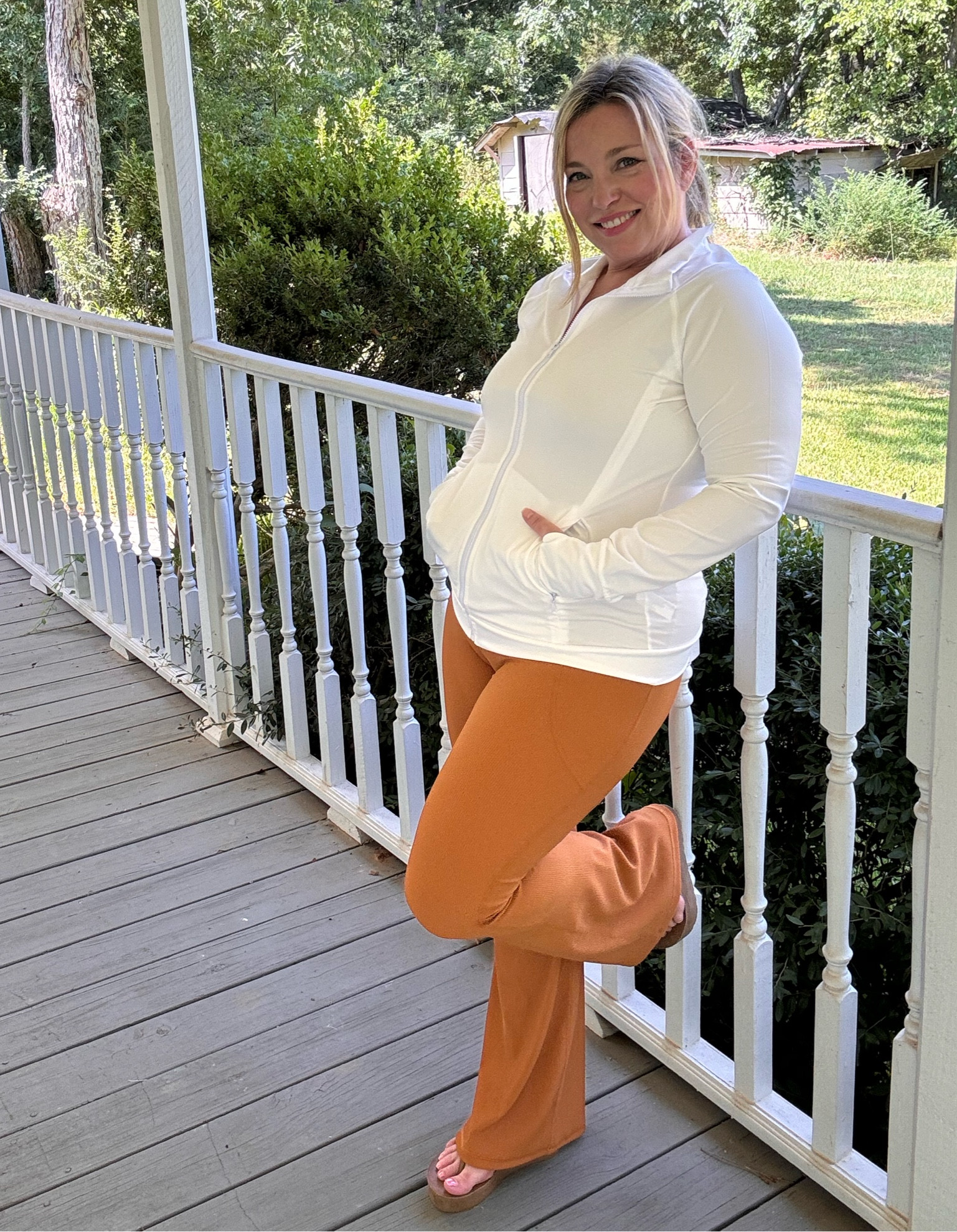 Loungey look or activewear vibe! Flare yoga pants and ultra soft workout jacket you’ll reach for 🧡

#LTKMidsize #LTKOver40 #LTKActive