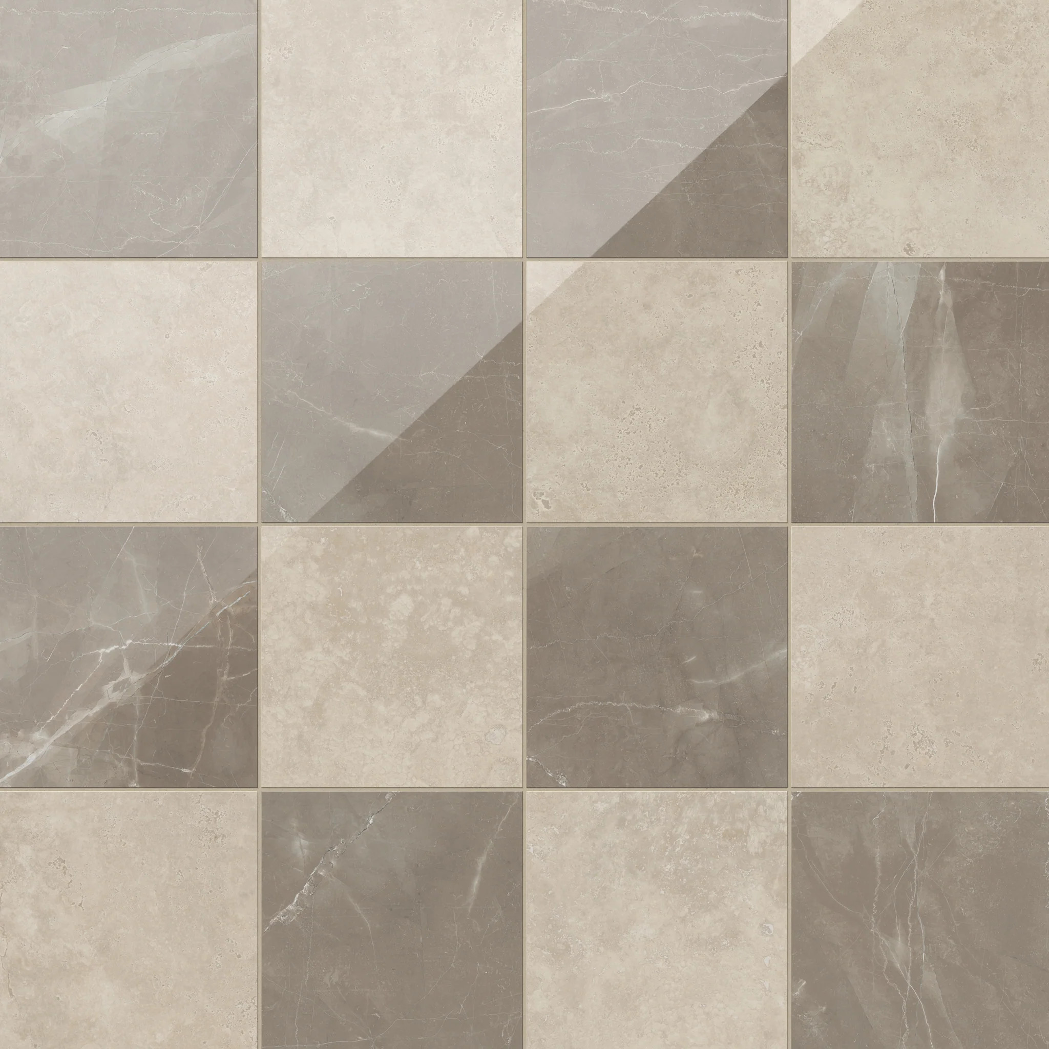 Leona 12x12 Checkerboard Polished Porcelain Tile in Marfil and Amani Bronze | Edward Martin