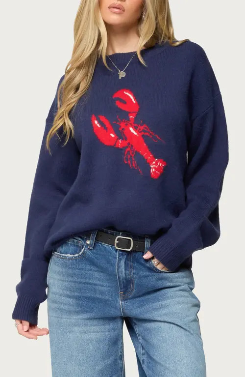 EDIKTED Don't Be Shellfish Oversize Jacquard Sweater in Navy at Nordstrom, Size Small | Nordstrom