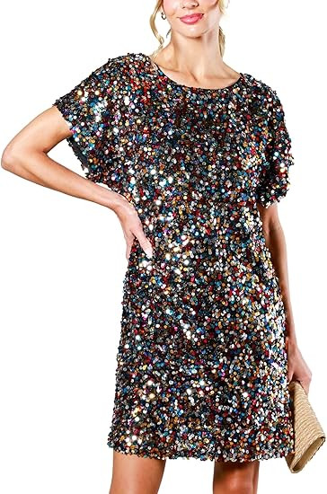 Women's Crewneck Sequin Shift Dress Short Sleeve Casual Holiday Sparkly Party Dress | Amazon (US)