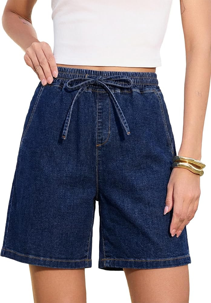 SIDEFEEL Womens Jean Shorts High Waisted Stretchy Summer Drawstring Elastic Waist Baggy Denim Sho... | Amazon (US)