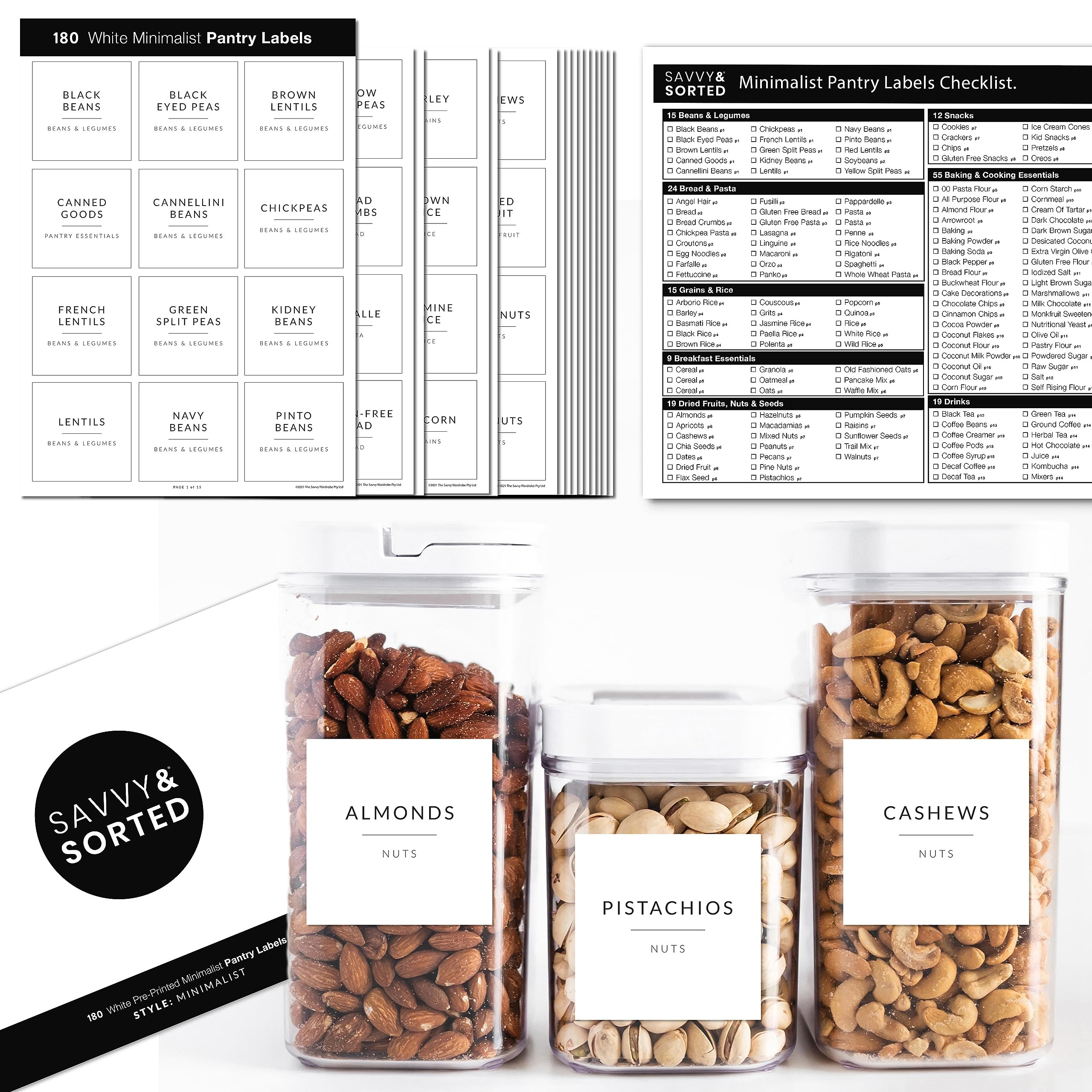 SAVVY & SORTED Minimalist Pantry Labels, 180 Waterproof Vinyl Stickers for Food Containers - Kitc... | Amazon (US)
