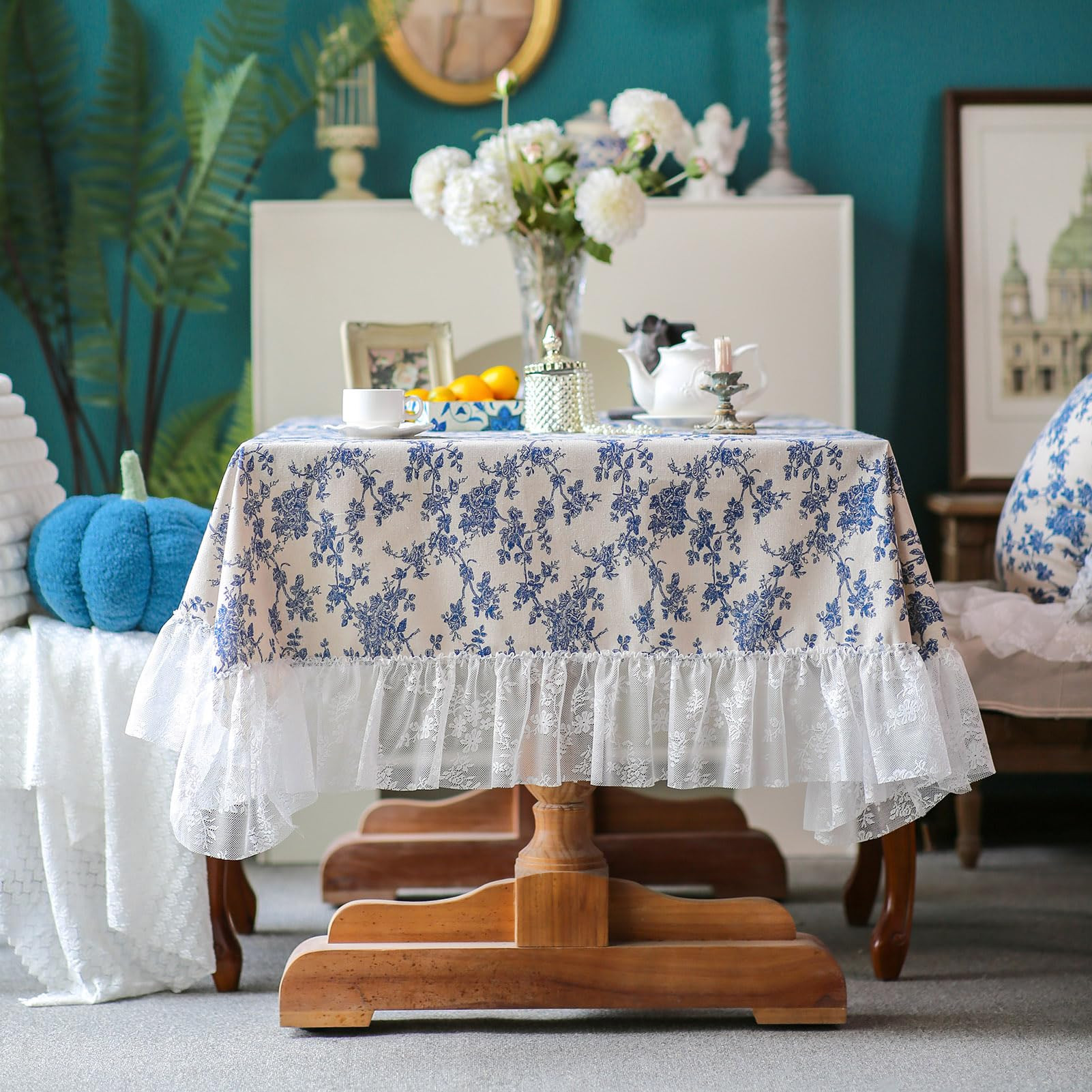 ARTMAGIC Cotton Linen Tablecloth Vintage Blue Floral Pattern Embroidery White Lace Washable Recta... | Amazon (US)