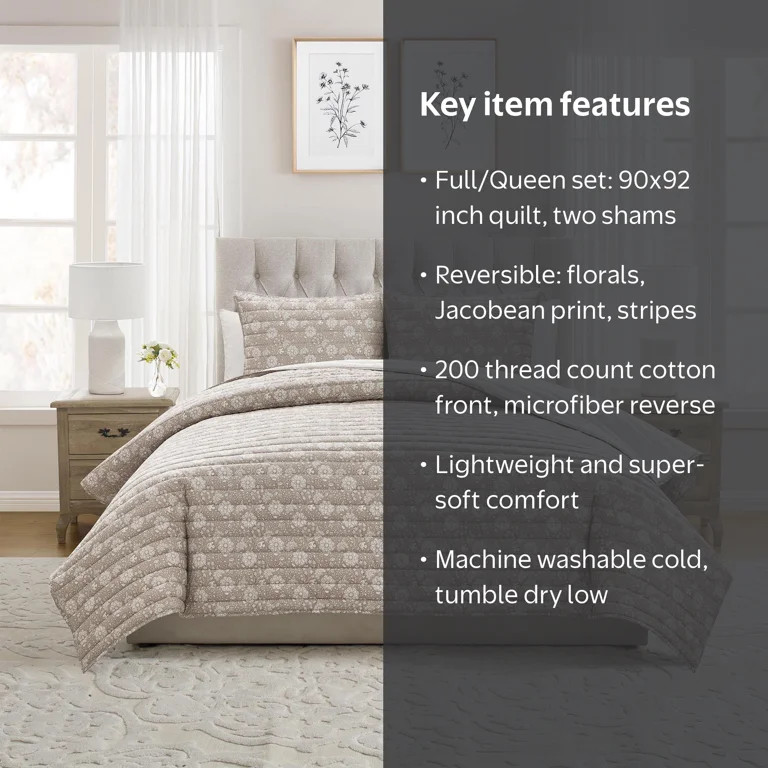 My Texas House Floral Pick Stitch 3-Piece Taupe Adult Quilt Set, Full/Queen | Walmart (US)