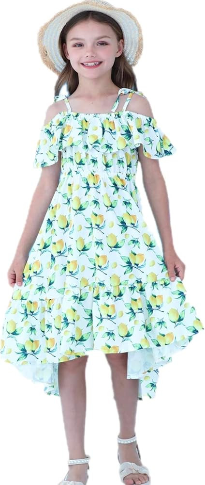 Girls Summer Hawaiian Dress Floral Halter Neck Cold Shoulder Sleeveless Beach Sundress 1-12 Years | Amazon (US)