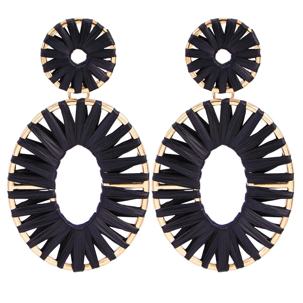 Raffia Tassel Hoop Drop Earrings Handmade Fashion Statement Jewelry for Women | Amazon (US)