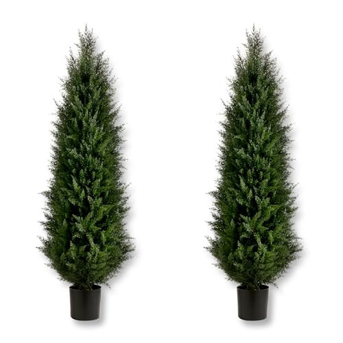 5 ft Artificial Cedar Topiary Trees, 2 Pack Uv Resistant Faux Outdoor Plants, Front Door Cypress Tree Decor Outdoor Entrance, Tall Fake Outside Plants, Evergreen Arborvitae Plastic Indoor Plant | Amazon (US)