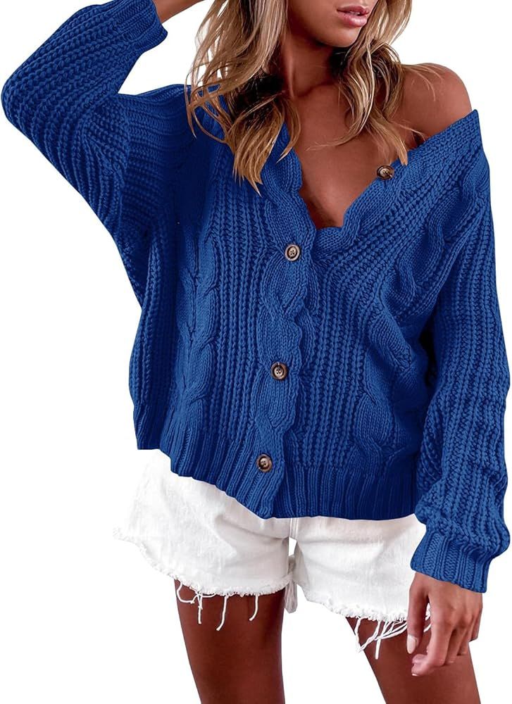 LAICIGO Women’s Button Down Cardigan Sweaters Open Front Cable Knit Off Shoulder Long Sleeve Baggy C | Amazon (US)
