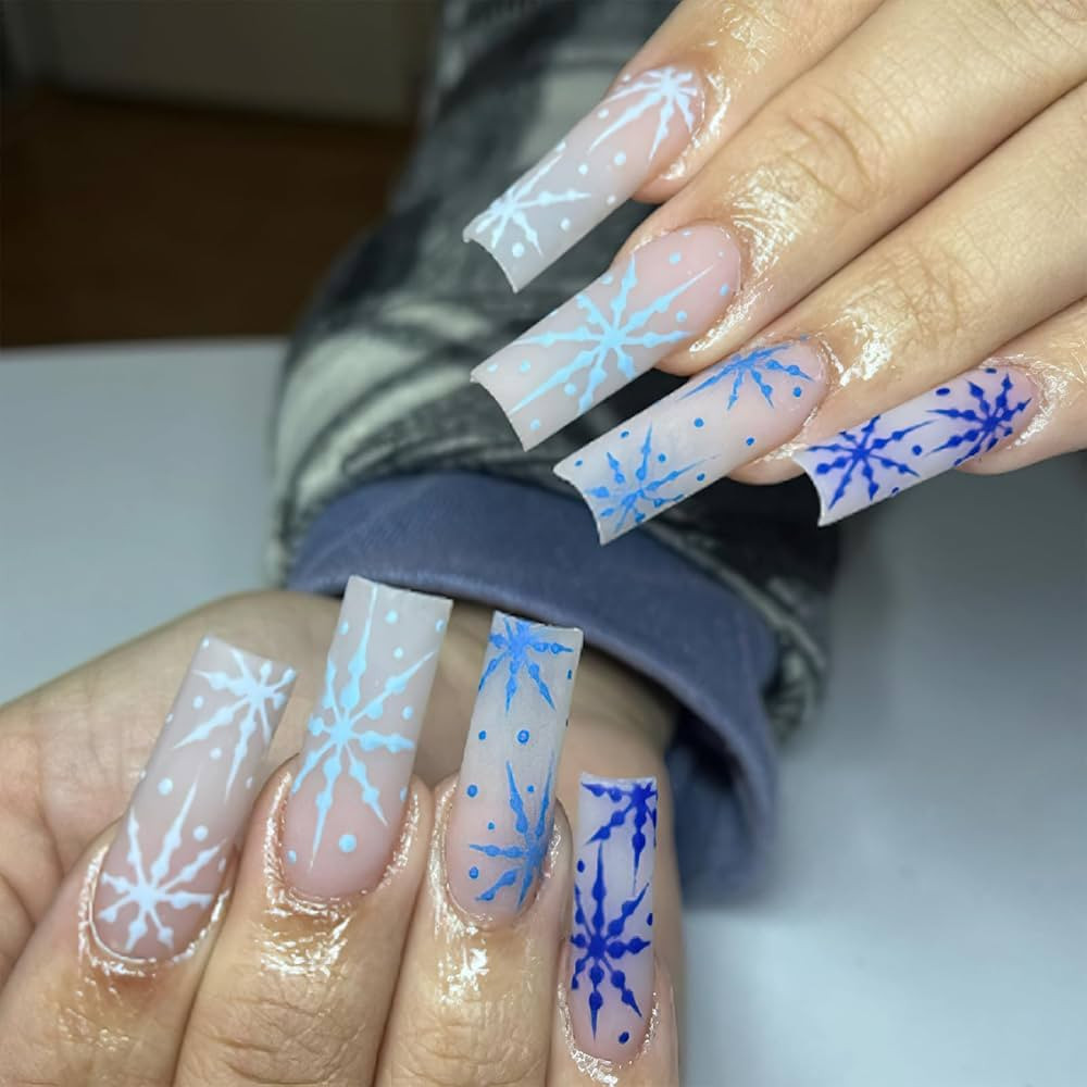 Christmas Press on Nails Long Square Fake Nails with Blue Snowflake Design Matte Winter Coffin Fa... | Amazon (US)