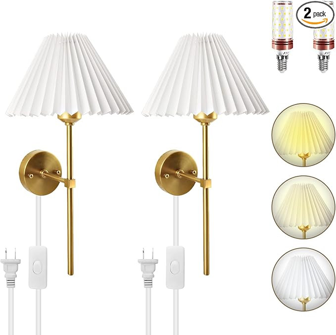 aokinround Plug in Dimmable Wall Sconces Set of Two, White Fabric Shade Wall Lamp with 6ft Hardwi... | Amazon (US)