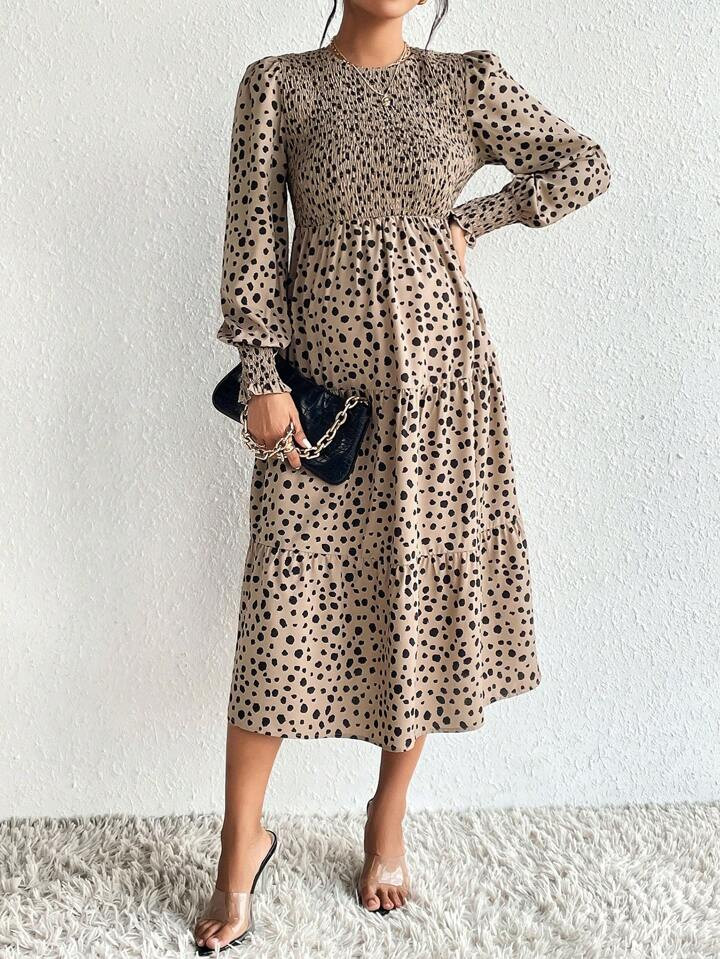 SHEIN Maternity Dalmatian Print Lantern Sleeve Ruffle Hem Dress | SHEIN