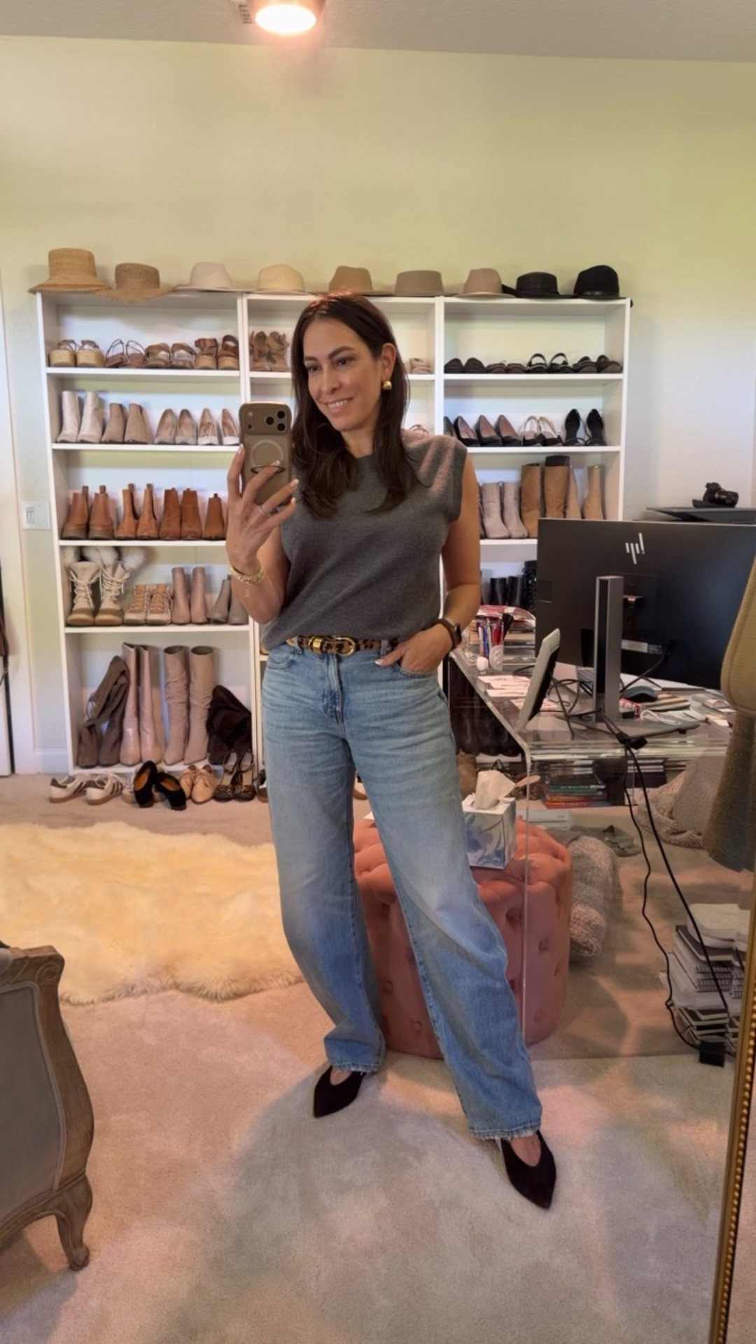 Easy outfit inspiration for work from home! 

Cashmere vest @jcrew own in two colors it’s so good! This is a medium and the other is a small. Runs oversized. 

Jeans are @ayr and I’ve worn them 3x this week. Side 29R. TTS but do stretch. 

Leopard belt is @dehanche and I reach for it to elevate any outfit. 

Flats are @Margaux and so comfy. Wearing 39.

#LTKdayinmylife #LTKmomlife #LTKWorkwear