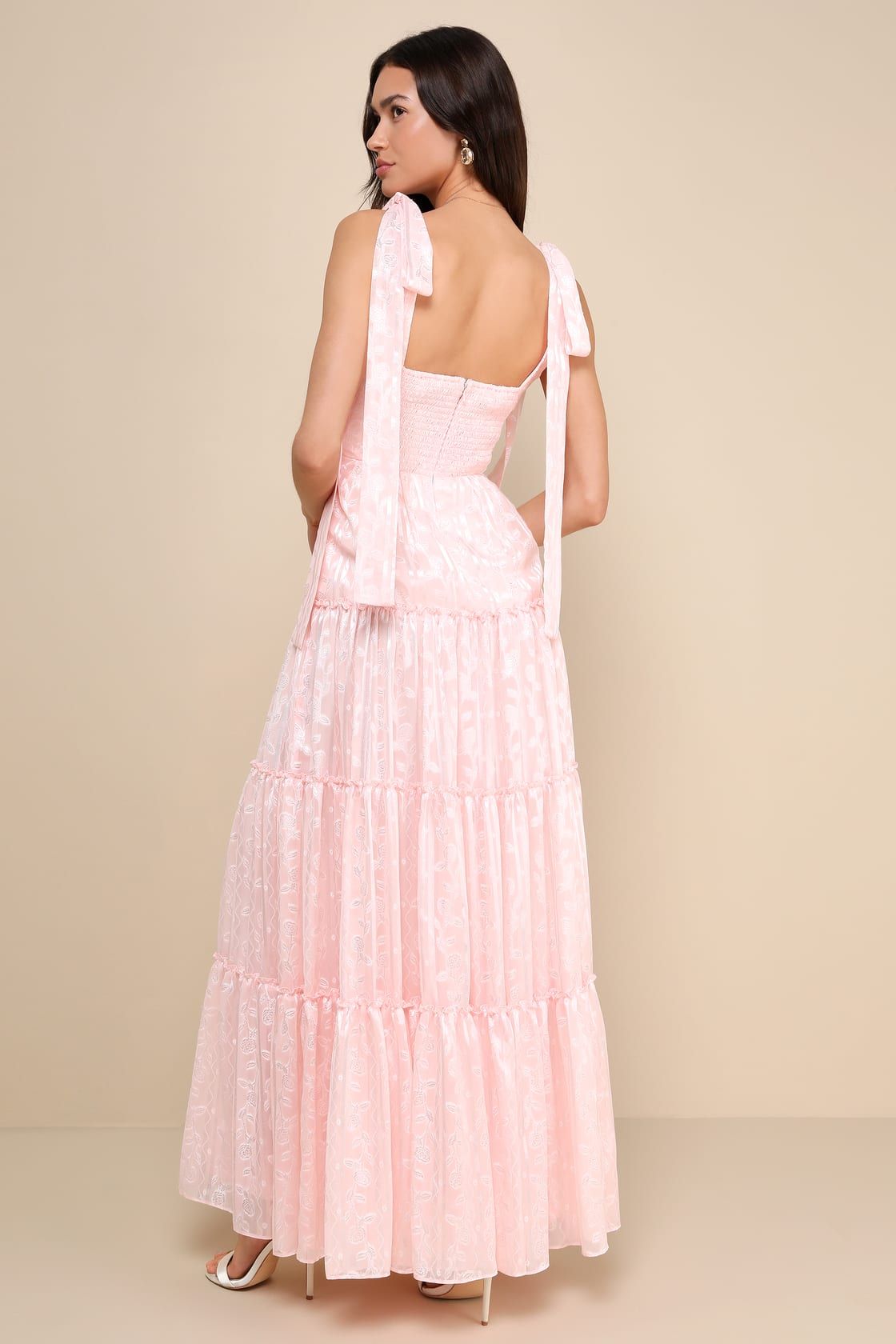 Picturesque Allure Blush Pink Jacquard Tie-Strap Maxi Dress | Lulus