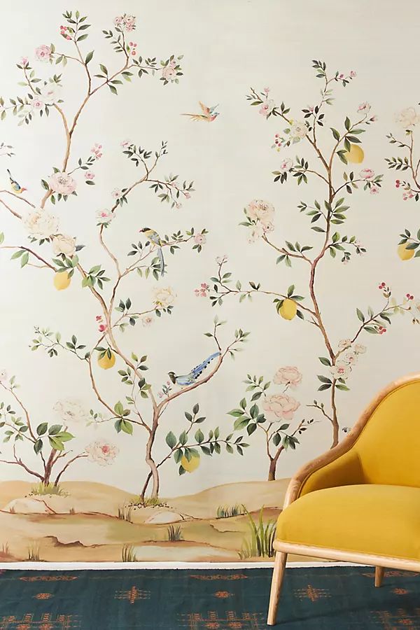 Blossom Chinoisserie Grasscloth Mural By Anthropologie in White | Anthropologie (US)