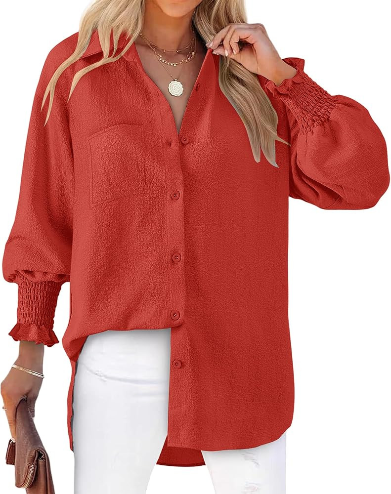 Womens Striped Button Down Shirts Smocked Puff Sleeve Boyfriend Blouse Collar Oversized Work Tops... | Amazon (US)