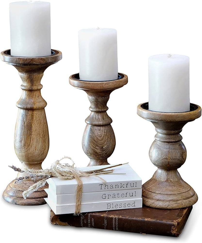 Rustic Pillar Candle Holder, Pillar Candle Holders Set of 3, Candle Holders Table Centerpiece, Ca... | Amazon (US)