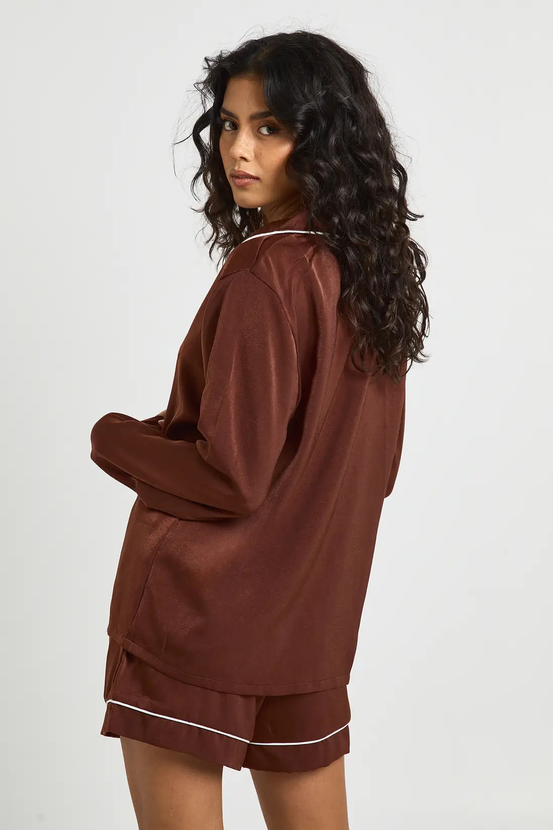 Satin Piping Detail Long Sleeve Shirt & Shorts Pyjama Set | Boohoo.com (UK & IE)