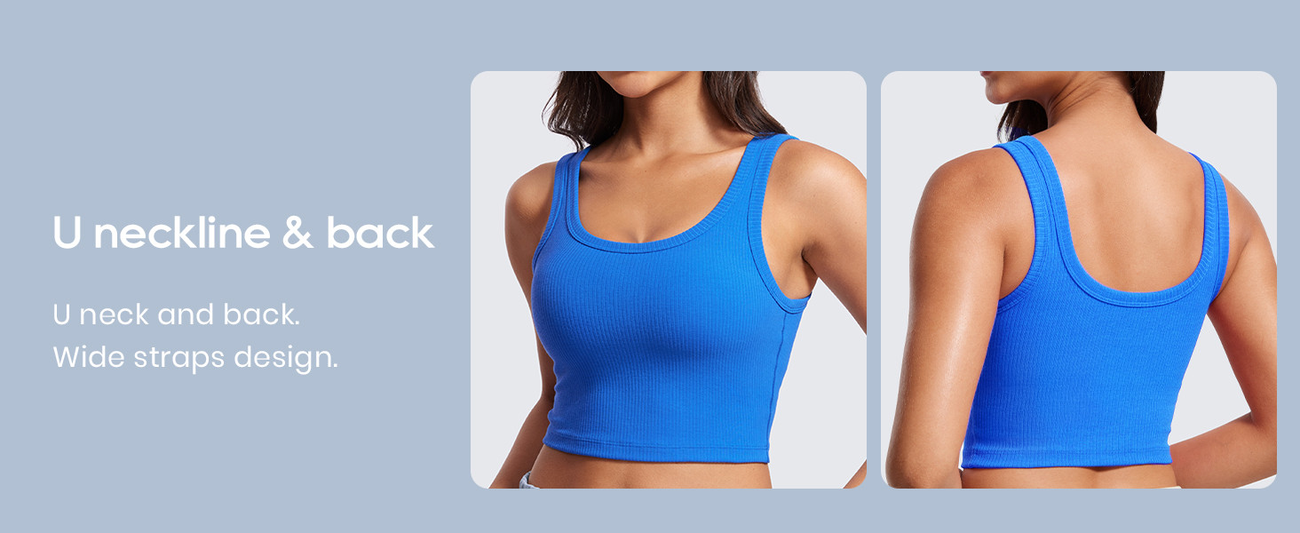 CRZ YOGA Womens Ribbed Longline Sports Bra - U Neck Padded Yoga Cami Workout Crop Tank Top Built ... | Amazon (US)