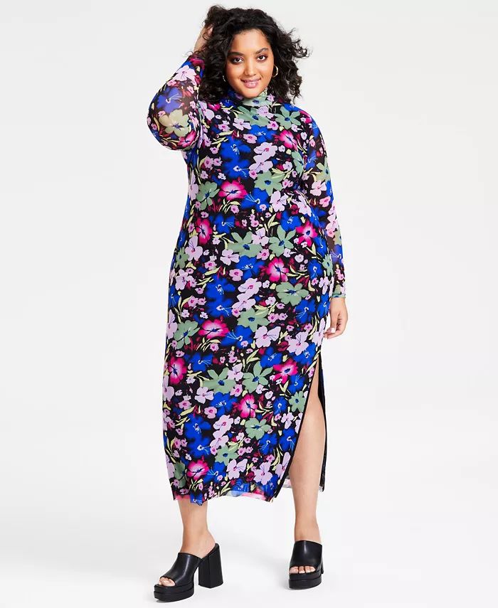 Plus Size Printed Mock Neck Long-Sleeve Bodycon Dress, Created for Macy's | Macy's