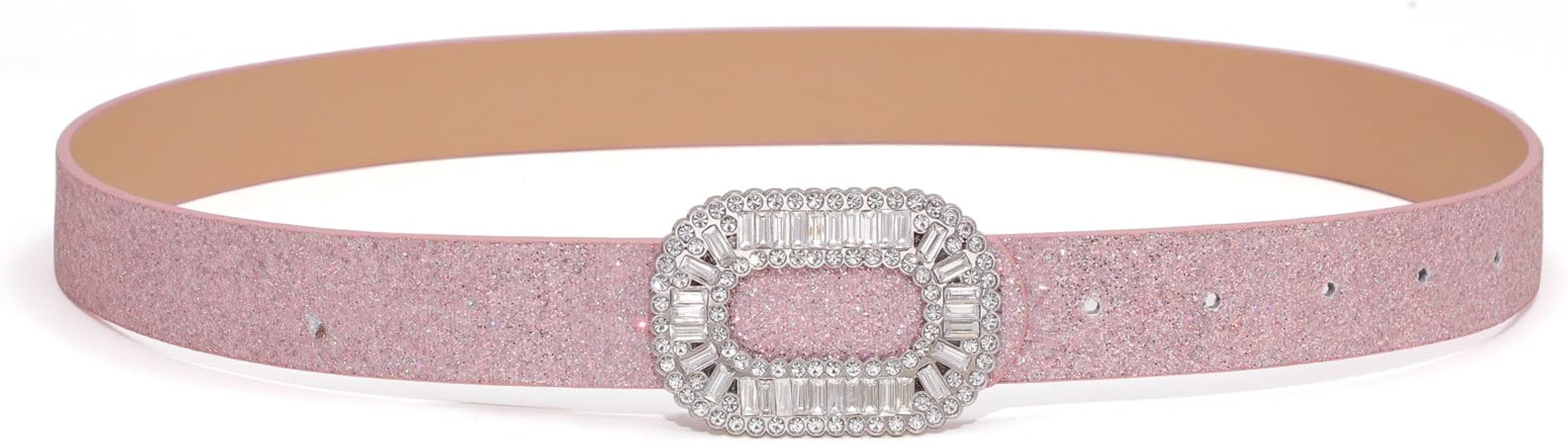 Womens Belt with Rhinestone Buckle Sparkly Glitter Women Leather Belt for Dresses Jeans Pants | Amazon (US)