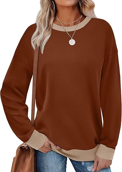 Saloogoe Sweatshirts for Women Crewneck Long Sleeve Loose Fit Tops Color Block Ribbed Trim Fashio... | Amazon (US)