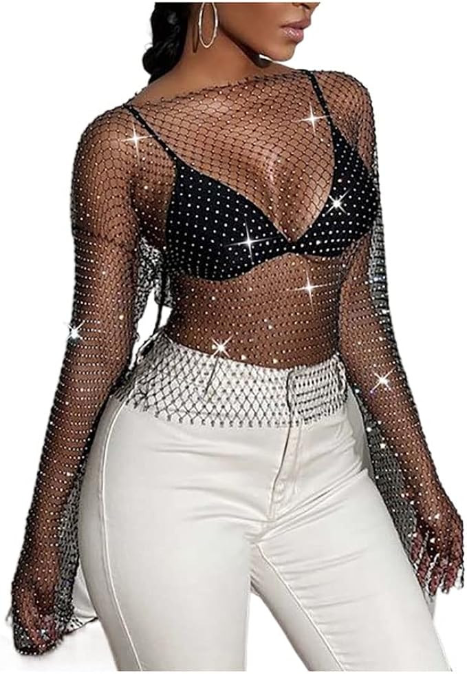 Yokawe Fishnet Rhinestone Crop Top Black Mesh Long Sleeve Cover Up Glitter Crystal See Through To... | Amazon (US)