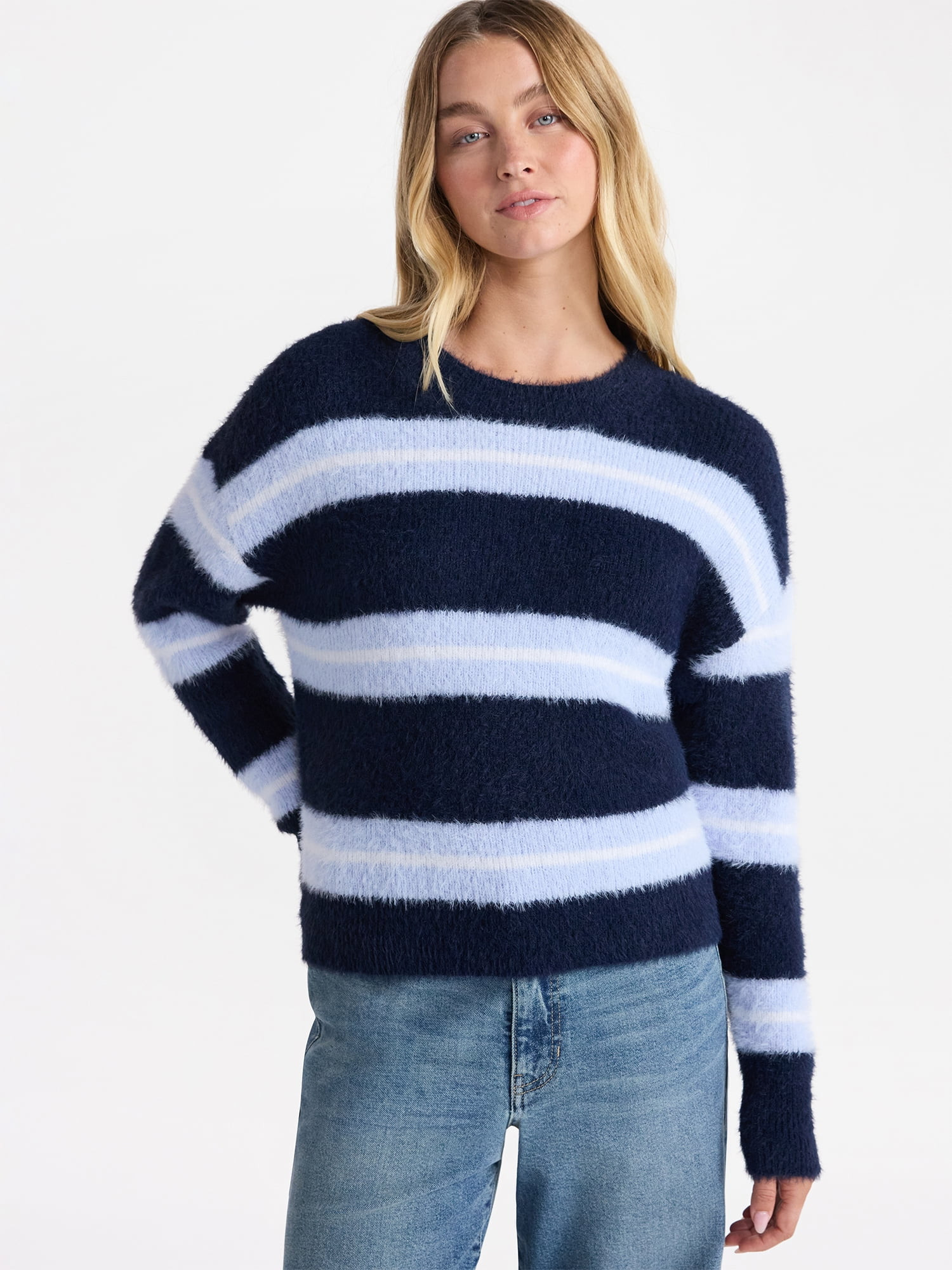 No Boundaries Striped Feather Sweater, Women's & Women's Plus | Walmart (US)