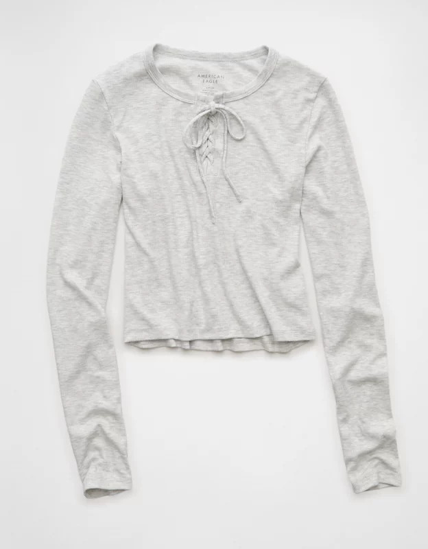 AE Cropped Long-Sleeve Lace-Up T-Shirt | American Eagle Outfitters (US & CA)