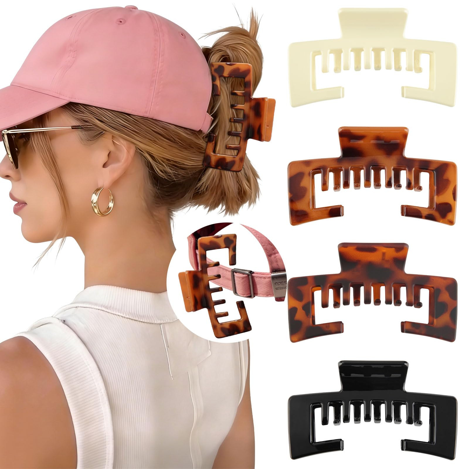 Hat-Friendly Claw Clips for Baseball Caps - 4 Pcs Trucker Hat Hair Clips for Women, Claw Clips fo... | Amazon (US)