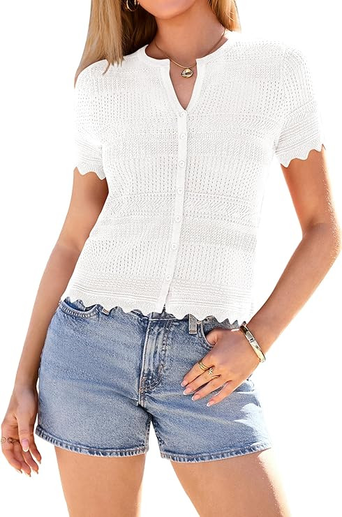 dowerme Women Summer Cardigan Sweaters 2026 Fashion Short Sleeve V Neck Crochet Crop Tops Spring ... | Amazon (US)