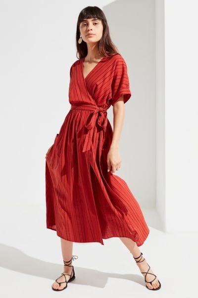 UO Gabrielle Linen Midi Wrap Dress - Red XS at Urban Outfitters | Urban Outfitters (US and RoW)