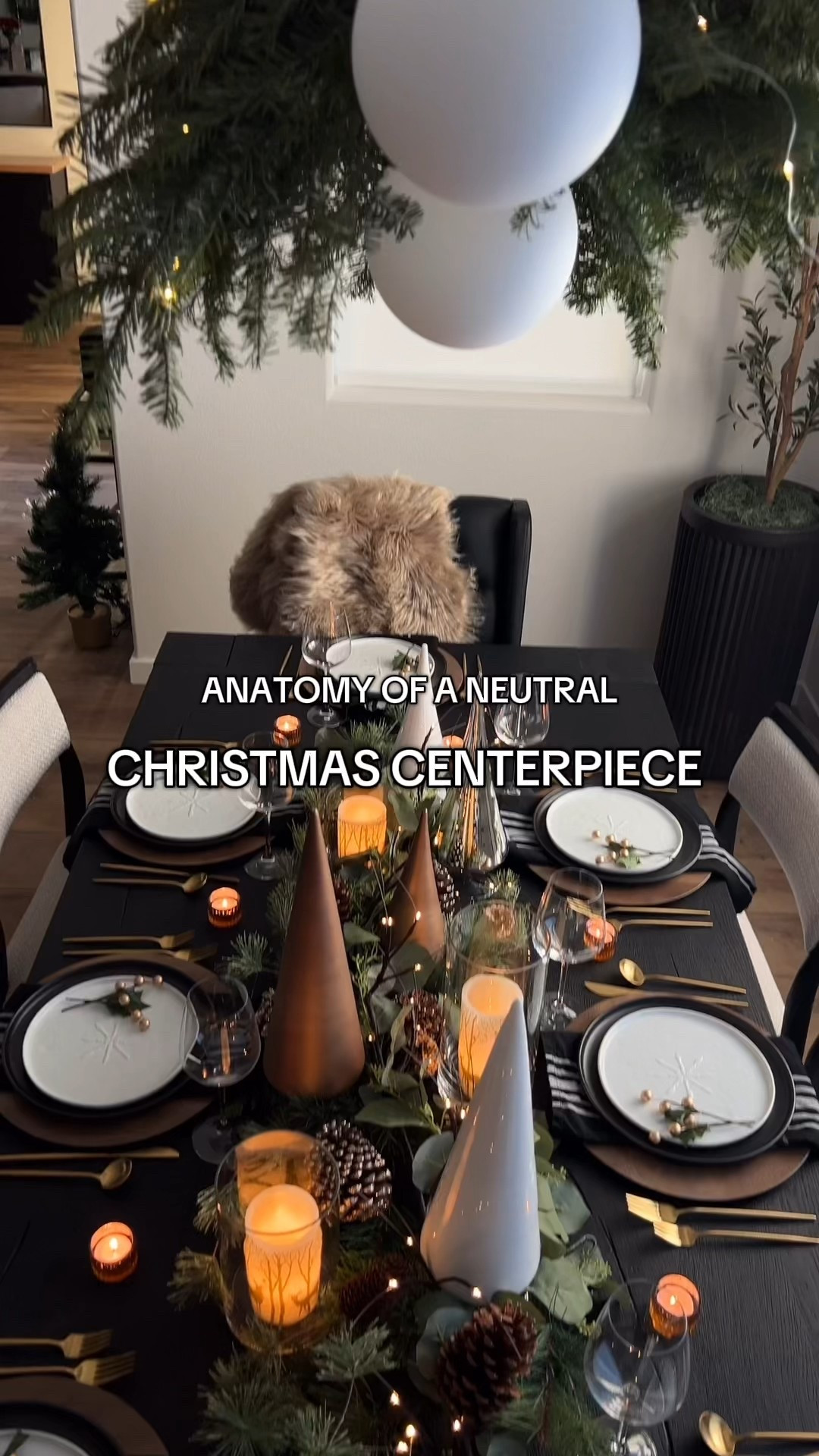 Neutral, tablescape centerpiece, using mixed metal trees, twig branch lit garland, lots of candles, and a glass candle holders, votives.

#LTKHoliday #LTKHome