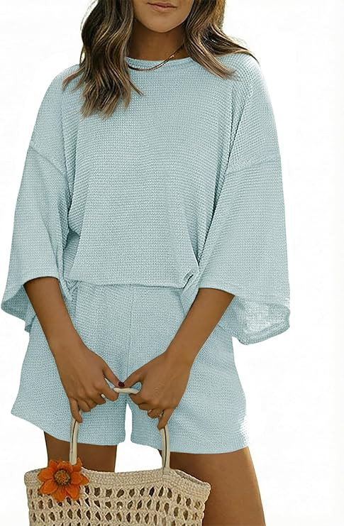 Tankaneo Womens Short Sets 2 Piece Outfits 3/4 Sleeve Tops and Elastic Waist Shorts Lounge Set Ca... | Amazon (US)