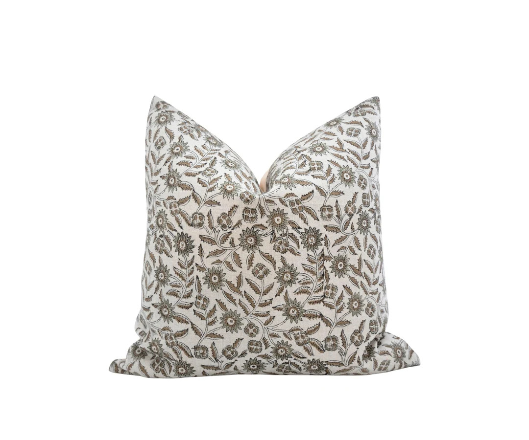 HELENA || Muted Green and Brown Floral Pillow Cover, Block Print Linen Pillow, Modern Farmhouse P... | Etsy (US)