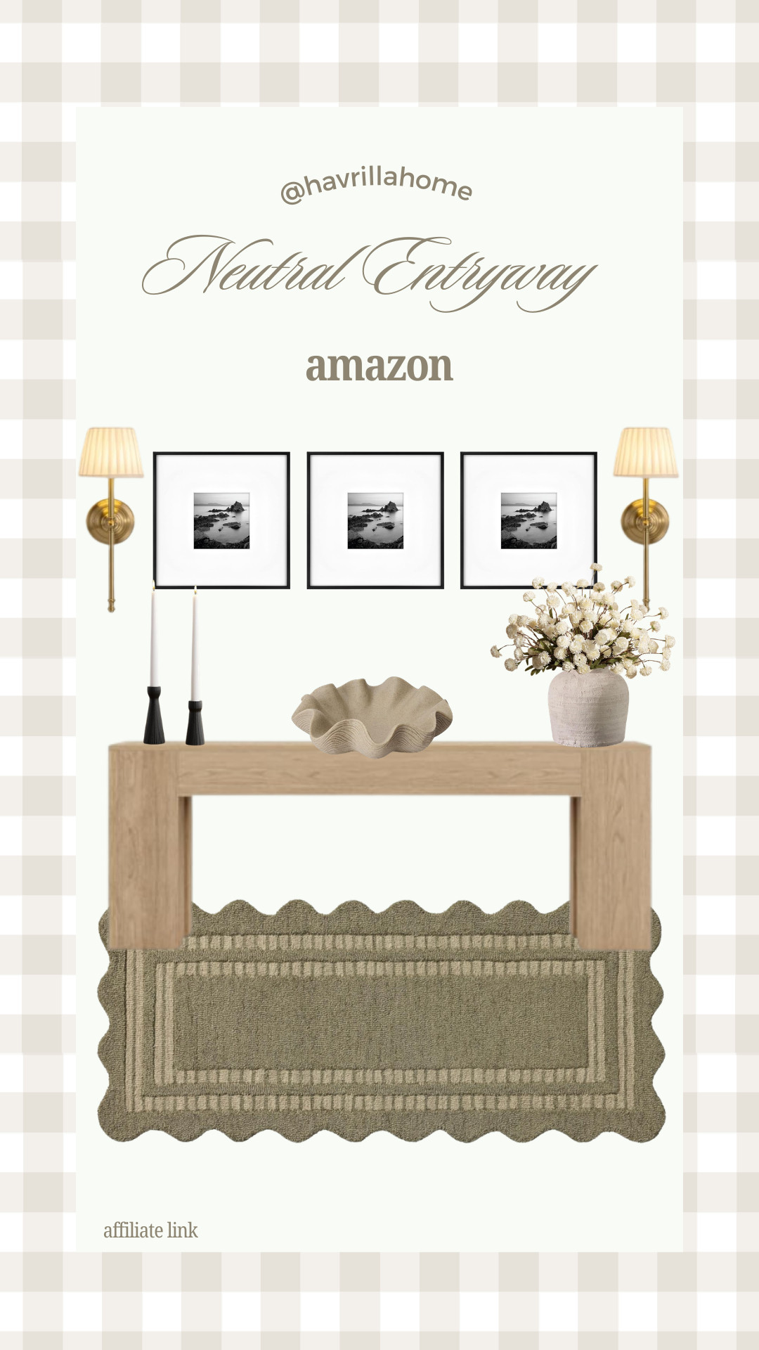 Neutral entryway decor, entryway table styling ideas, modern organic entryway, amazon wall sconces gold, black and white gallery wall, neutral console table decor, scalloped rug runner, ceramic decorative bowl, faux floral vase arrangement, entryway decorating inspiration, affordable amazon entryway decor, transitional home style, havrillahome entryway, layered neutral home decor 

 

#LTKHome