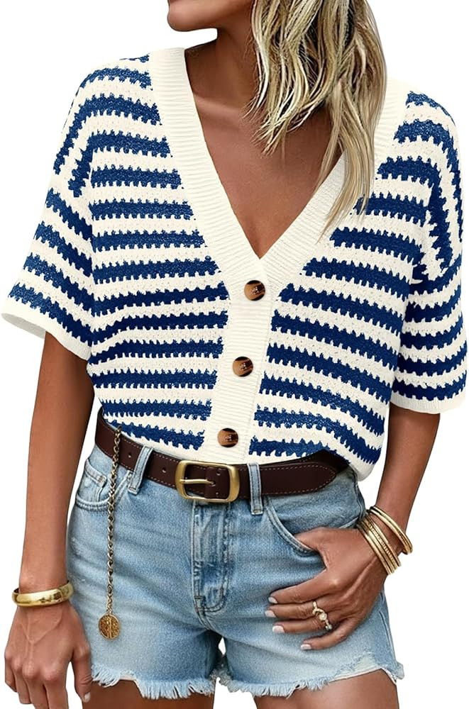 Saodimallsu Womens Short Sleeve Striped Cardigan Sweaters Crochet Knit Button Down Shirts V Neck ... | Amazon (US)