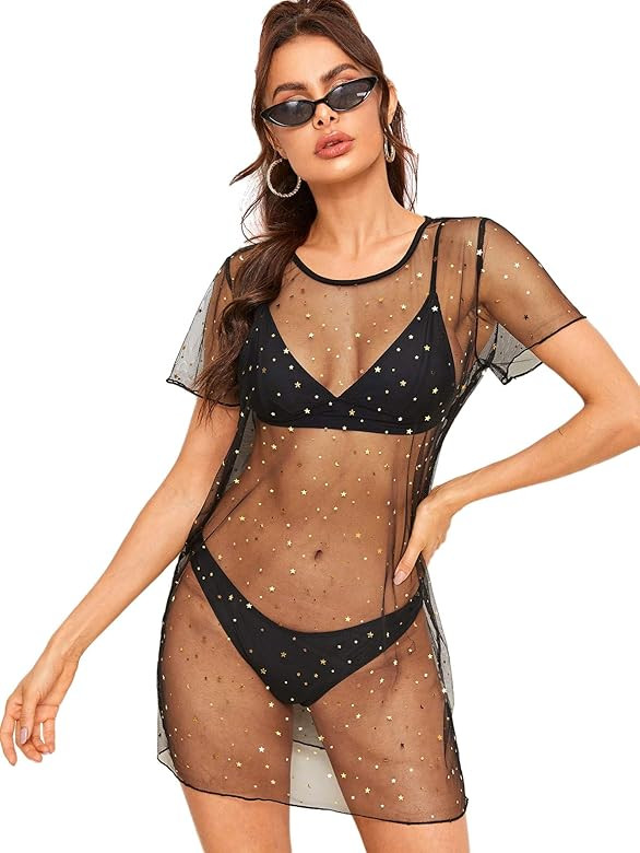 Women's Beach Cover Ups Short Sleeve See Through Sheer Mesh Short Dress | Amazon (US)