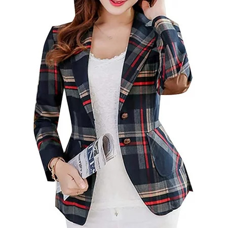 WSPLYSPJY Women s Plaid Pocket Button Work Office Casual Blazer Jacket Suit Red M | Walmart (US)