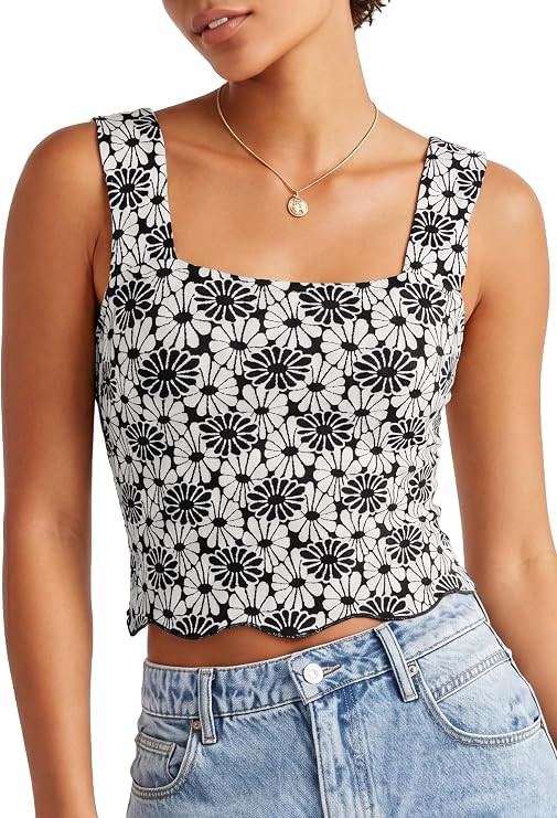 Pleneal Women's Square Neck Tank Top Wide Strap Crop Slim Fit Flower Lettuce Sleeveless Trim Cami... | Amazon (US)